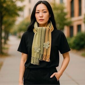 April Cornell Green Orange Rugby Knit Cotton Stripe Floral Scarf Fringe NEW